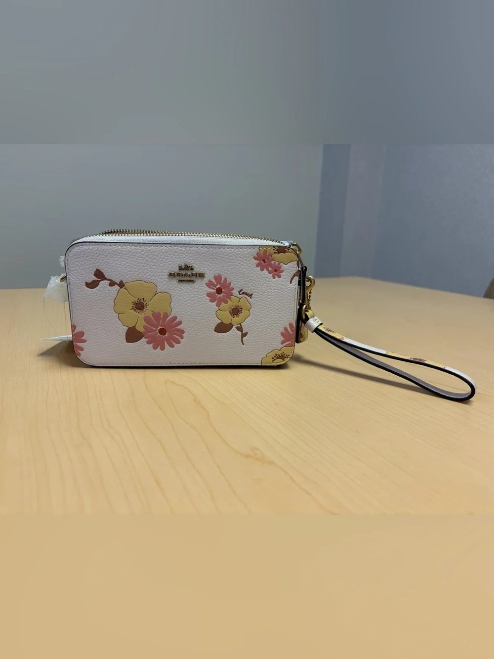 Coach White Floral Zip Wristlet with Pink & Yellow Blooms
